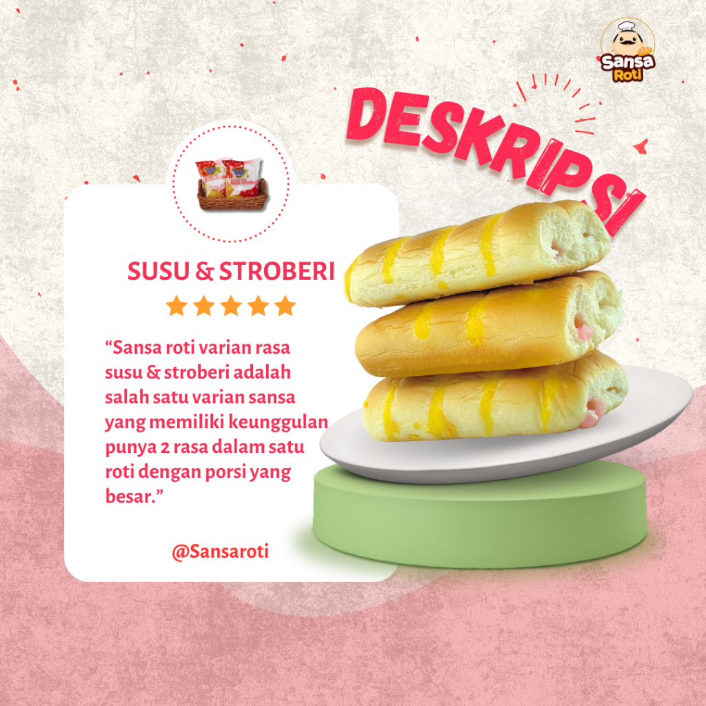 

RB Sansa Roti Rasa Susu Stroberi isi 15 Pcs + (FREE 3 PCS) Cemilan Roti Susu Strawberry Lembut Halal