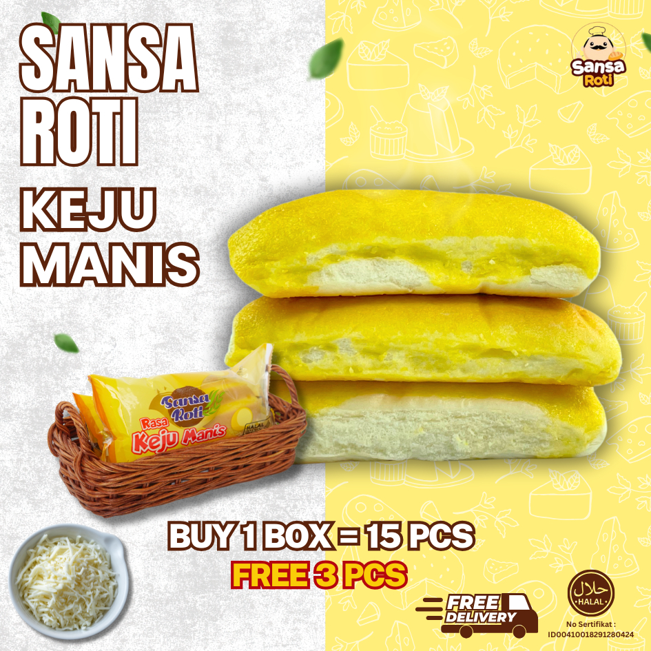 

Rasa Keju Manis isi 15 Pcs FREE 3 Pcs | Roti Manis Rasa Keju Sweet Cheese|Roti LembutEmpuk 1 Dus