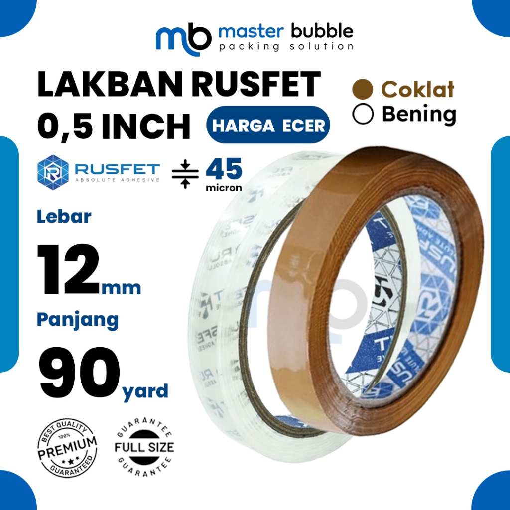 

Lakban Selotip Isolasi Polos RUSFET SUPER Bening & Coklat 0,5 inch 12 mm x 72 yard Harga Ecer Satuan