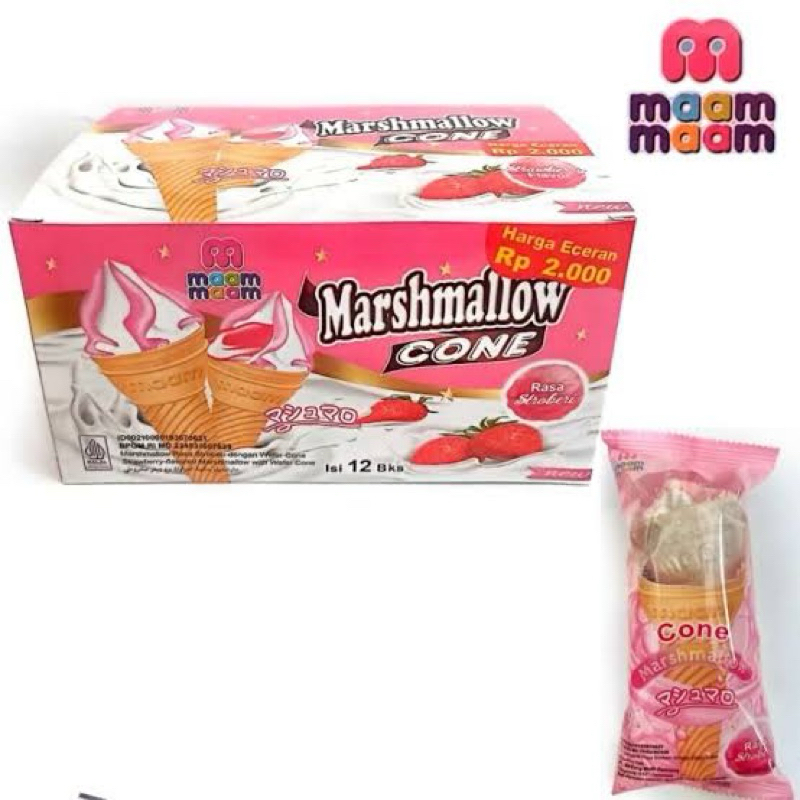 

MAAM MAAM MARSHMALLOW CONE RASA STROBERI VANILLA [1 BOX ISI 12 BUNGKUS @17G ] | MAAM MARSHMALLOW WAFER CONE