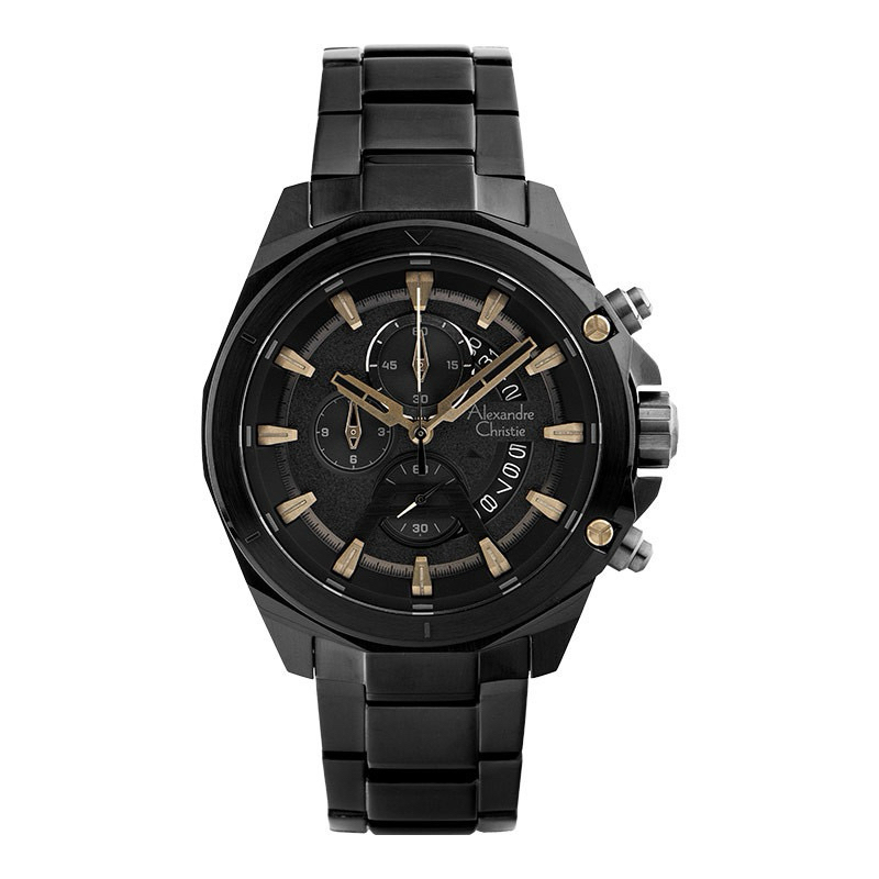 Jam Tangan Pria Alexandre Christie Chronograph AC 6651 MC BGBBA Men Black Dial Black Stainless Steel