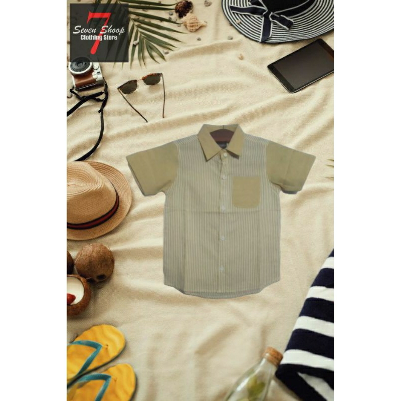 7SEVEN CLOTHING- Kemeja Anak Pria Lengan Pendek variasi  Strip Salur Kuning Telur