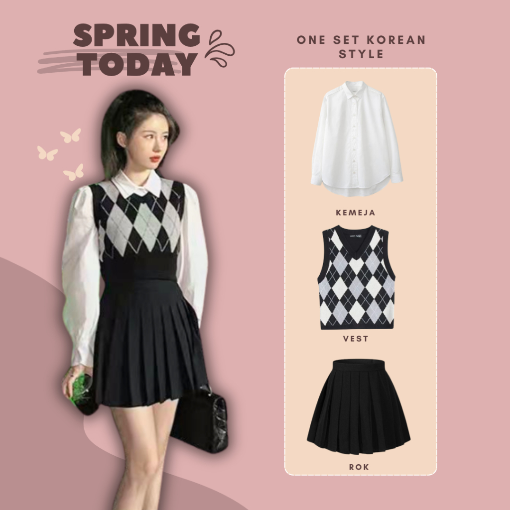 Set OOTD Korean Style ( Kemeja Putih Polos - Vest Rajut - Rok Mini ) One Set Wanita Kekinian - LS030