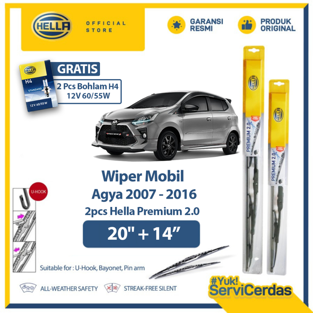 Wiper Mobil HELLA Premium 2.0 TOYOTA Agya 20” + 14” (2pcs) - Gratis Bohlam Mobil H4 12V 60/55W