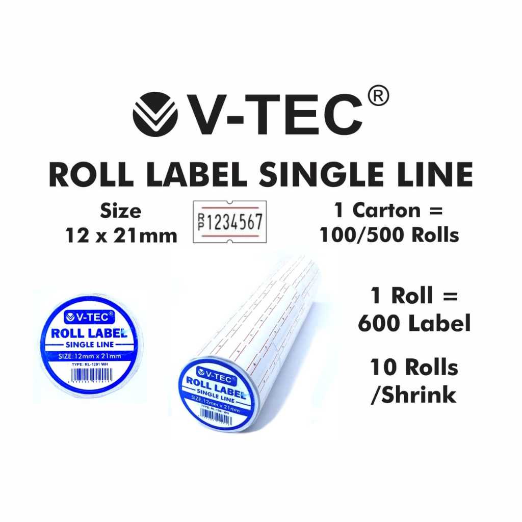 

KERTAS LABEL HARGA V-TEC/ROLL LABEL SINGLE LINE TYPE RL-1201 12x21MM 100 ROLL (WHITE) | MITRA ABADI KATALOG