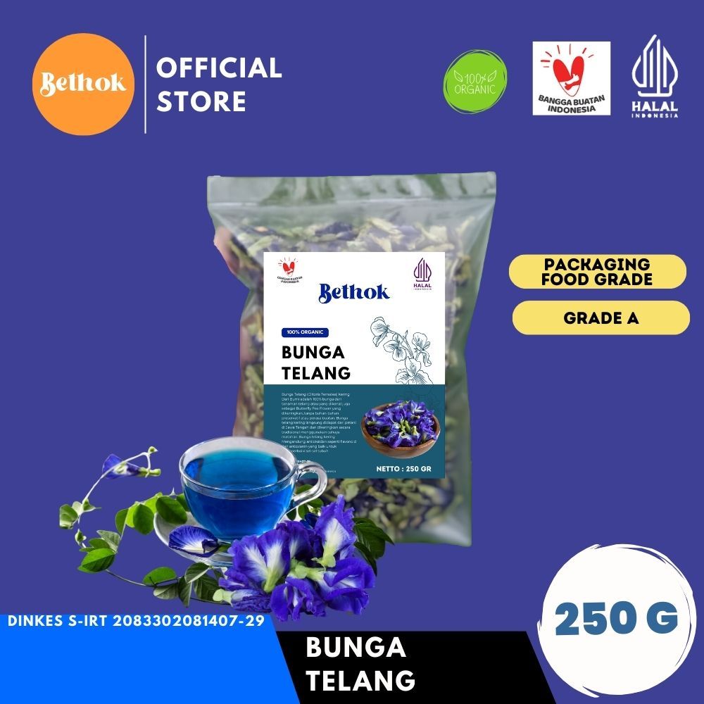 

Bunga Telang Kering 250 Gram Organik Premium Grade A+ Sudah Terdaftar DINKES PIRT/Teh Telang Kering / Teh Biru / Butterfly Pea
