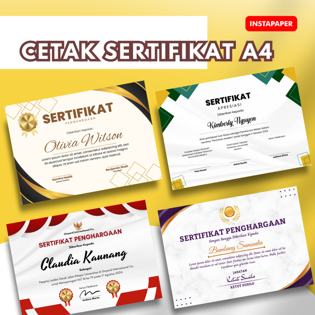 

Cetak Sertifikat / Piagam Custom ukuran A4 (29cm x 21 cm)