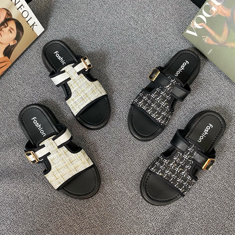 Sandal Slop Wanita Platform Sendal Rajut Wedges Hak Tinggi Sendal Style Korea Kekinian