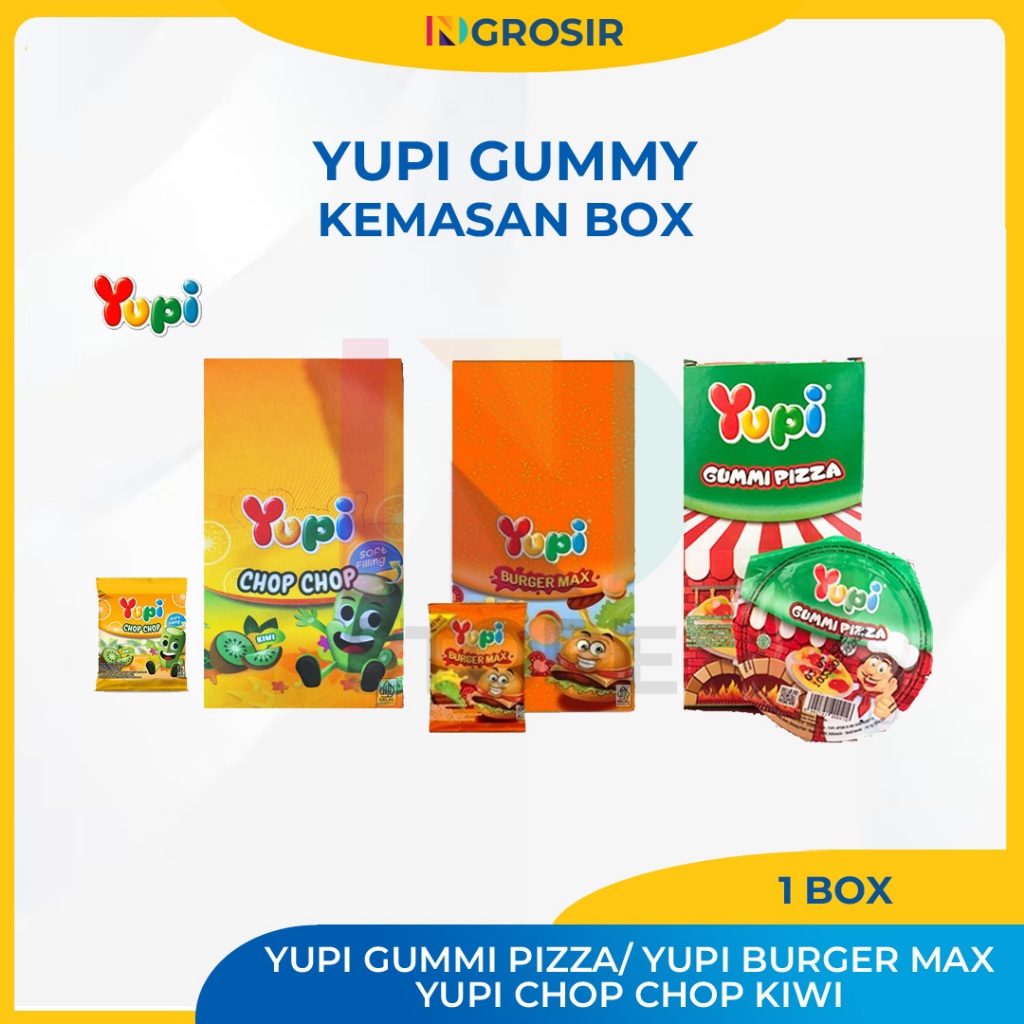 

Yupi Gummi Pizza / Yupi Burger Max / Yupi Chop Chop Kiwi 1 box isi 12pcs