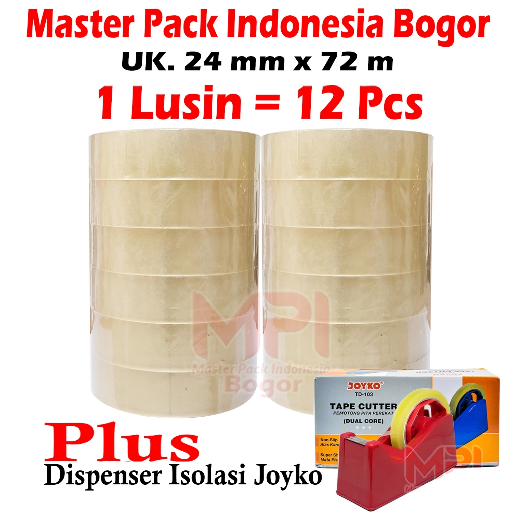 

1 Lusin / 12 Pcs - Lakban Isolasi 24 mm x 72 m + Dispenser Isolasi Joyko TD-103 - MPI Bogor