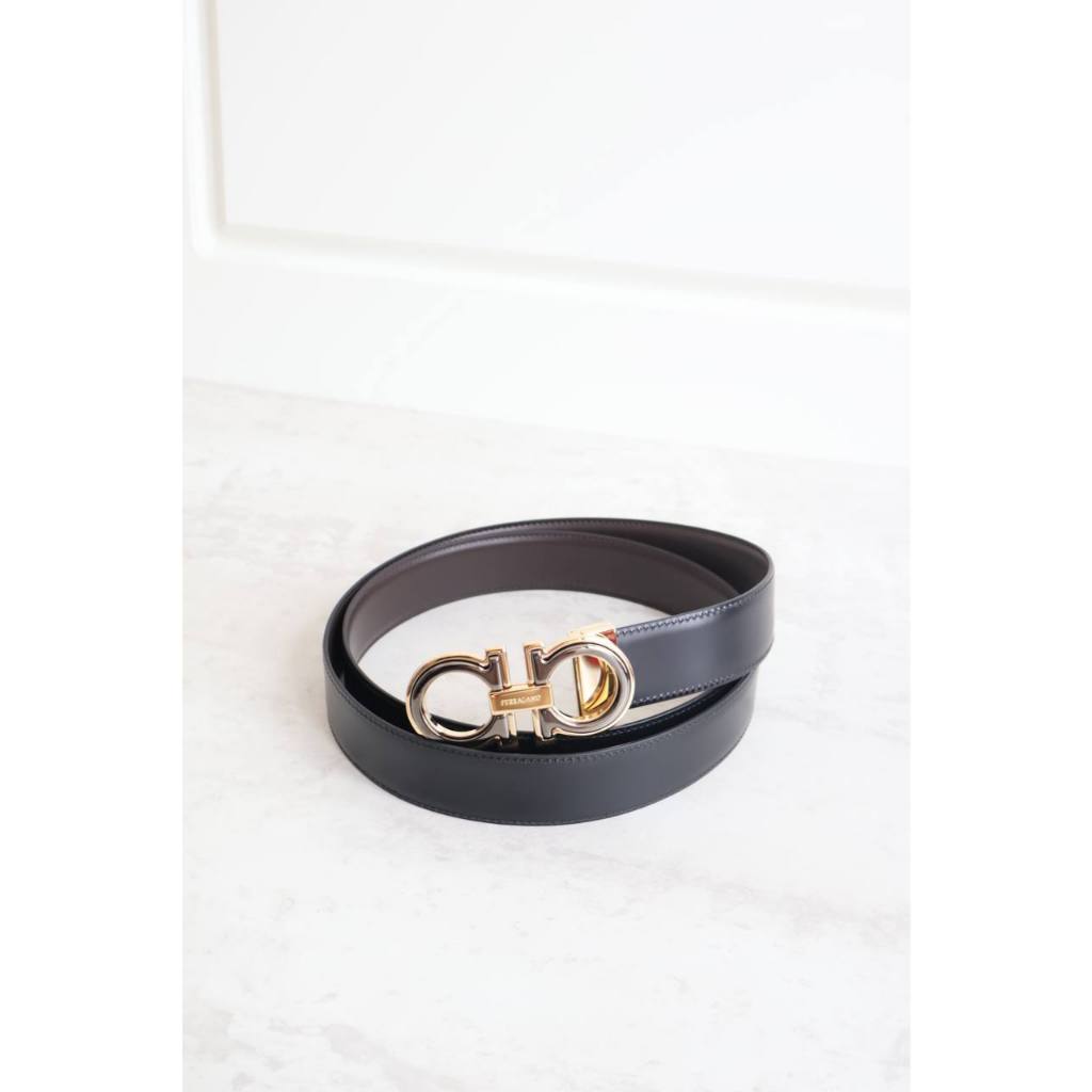 Salvatore Ferragamo gancini reversible belt in black / dark brown ghw-rhw