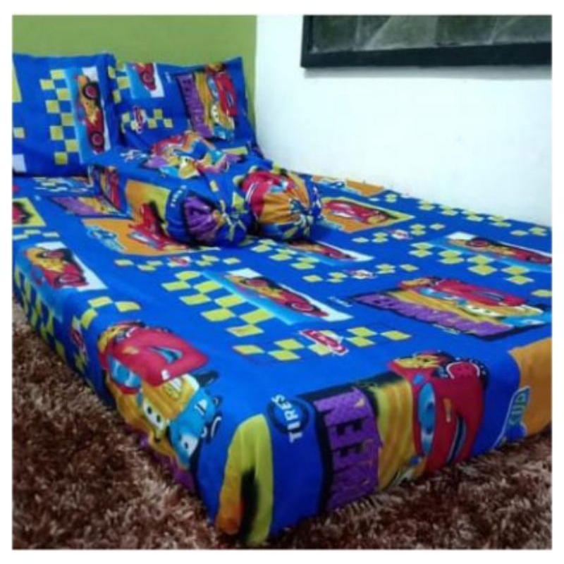 Sprei Katun Motif Karakter Anak Cowok Cars Biru Sudut Karet Kasur Busa Tinggi 20Cm