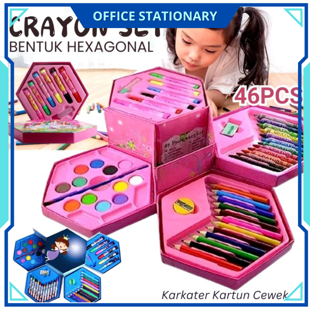 

OFS Crayon Pensil Warna Art Set Karakter 46PCS Box Hexagonal Motif Cowok & Cewek Portable Pensil Warna Spidol Gambar Mewarnai Krayon Motif Cover RANDOM