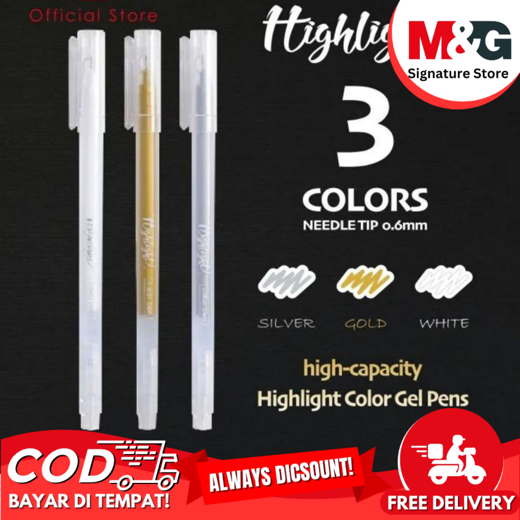 

pulpen gel Colour 3 in 1 putih silver gold M&G Textiliner Warna #AGPY5573 Gold Silver White Highlighter Color Gel