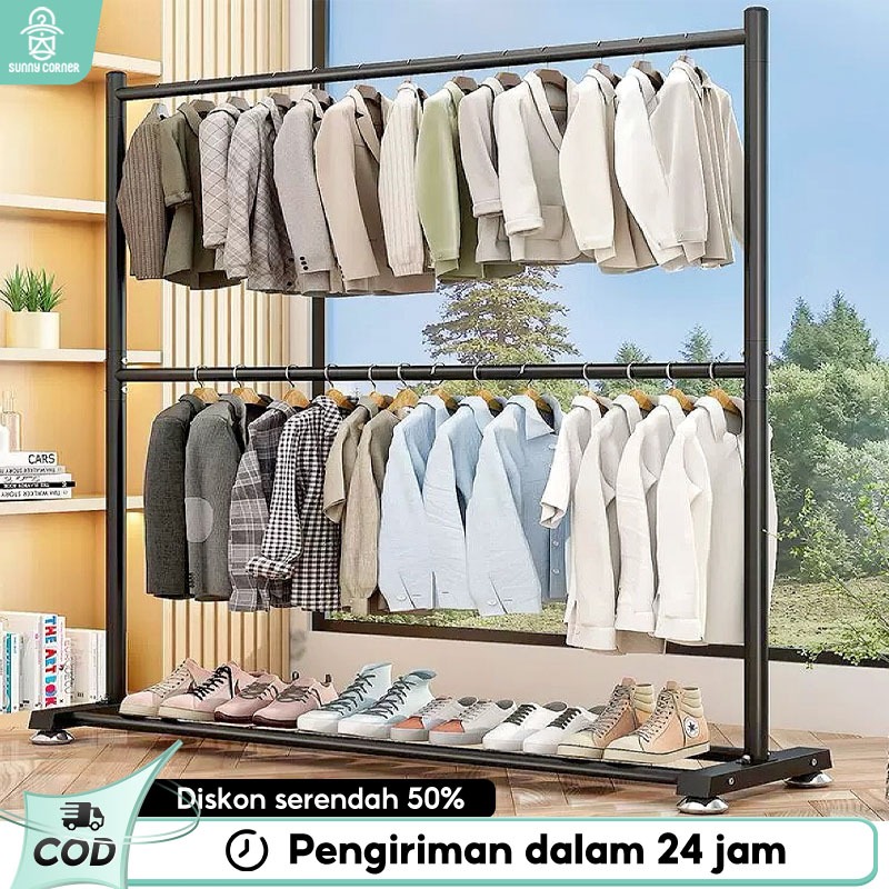 Stand Hanger 2 Susun Rak Gantungan Baju Besi 150*50*200CM Rak Baju Gantung Berdiri Gawang Baju Estet