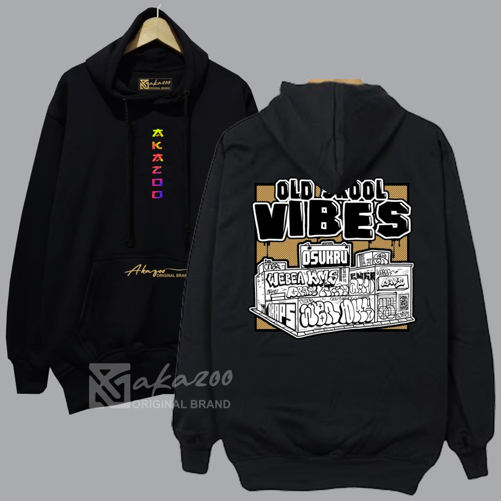 AKAZOO sweater cowok distro sablon depan blakang warna hitam gambar OLD SKOOL VIBES Panjang Tangan