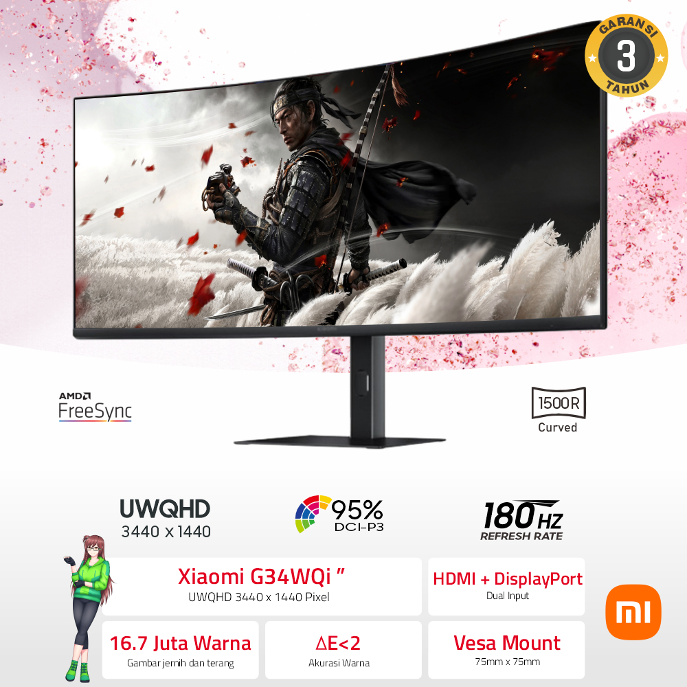 Monitor Gaming Xiaomi 34" Curved G34WQI UWQHD / Ultra 2K 180Hz 100% sRGB 95% DCI-P3 1ms HDMI Display