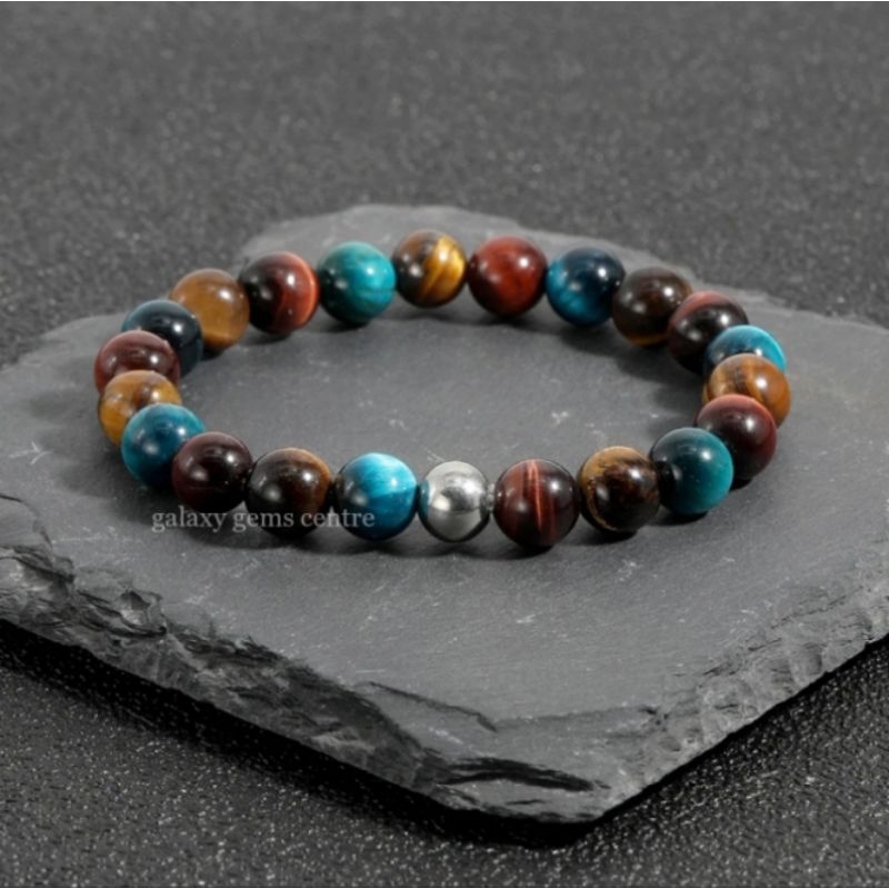 Gelang Natural Yellow - Sky Blue - Red Tiger Eye Chakra Bracelet for Men and Women Attracts Wealth E