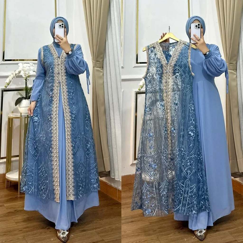 Naura Dress Brukat Tile Model Inner + Outer Brokat Mix Renda Baju Gamis Kondangan Jumbo Outer Lepas