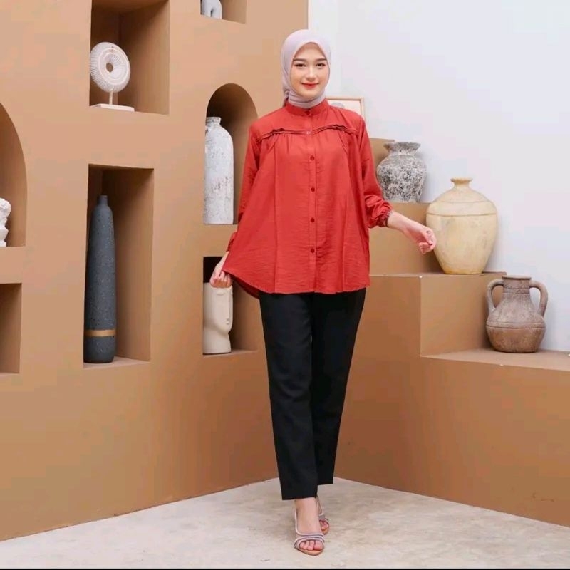 ARYANI kemeja blouse polo linen wanita dewasa full kancing