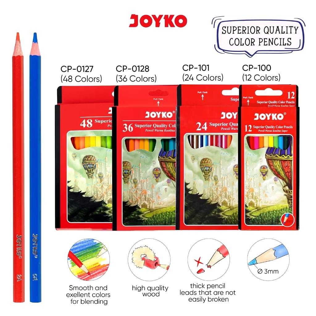

Pensil Warna Joyko Superior Quality Color Pensils Hexagonal Grip ( Isi : 12 Color & 24 Color)