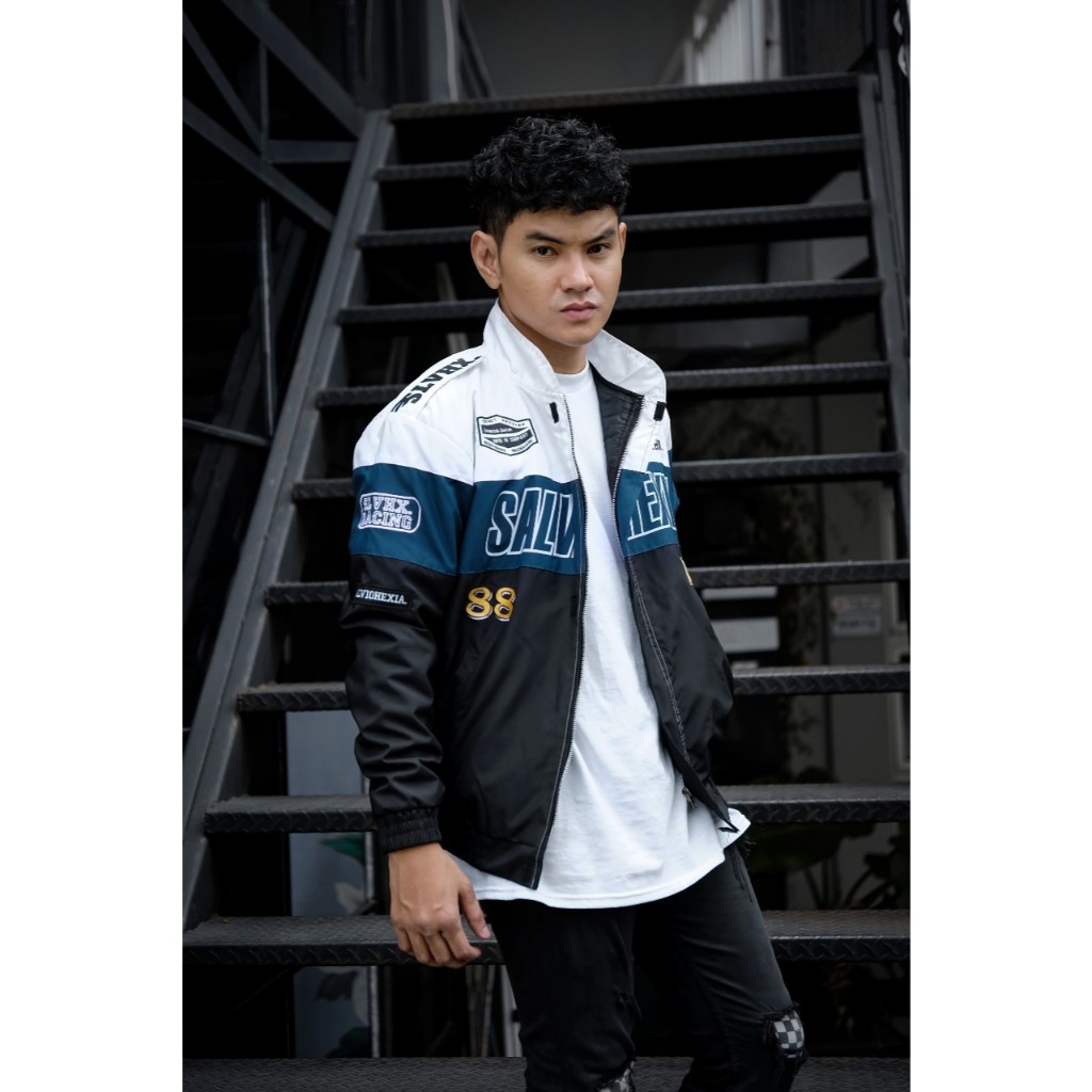Salvio Hexia Jaket Nascar Racing Speed Skull Putih Hitam List Nevy Sunmori Jacket Motor