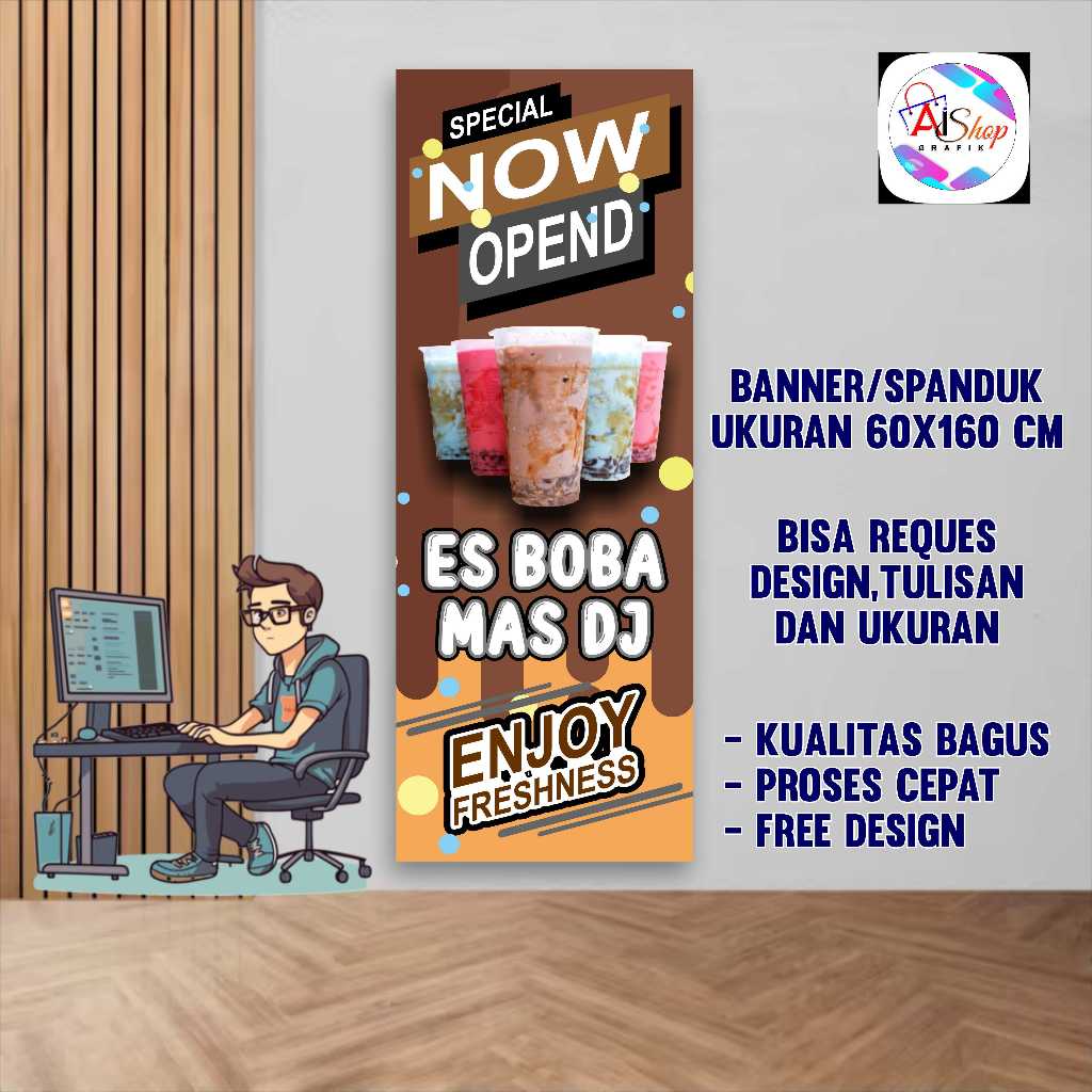 spanduk banner boba mas dj model E uk, 60X160cm