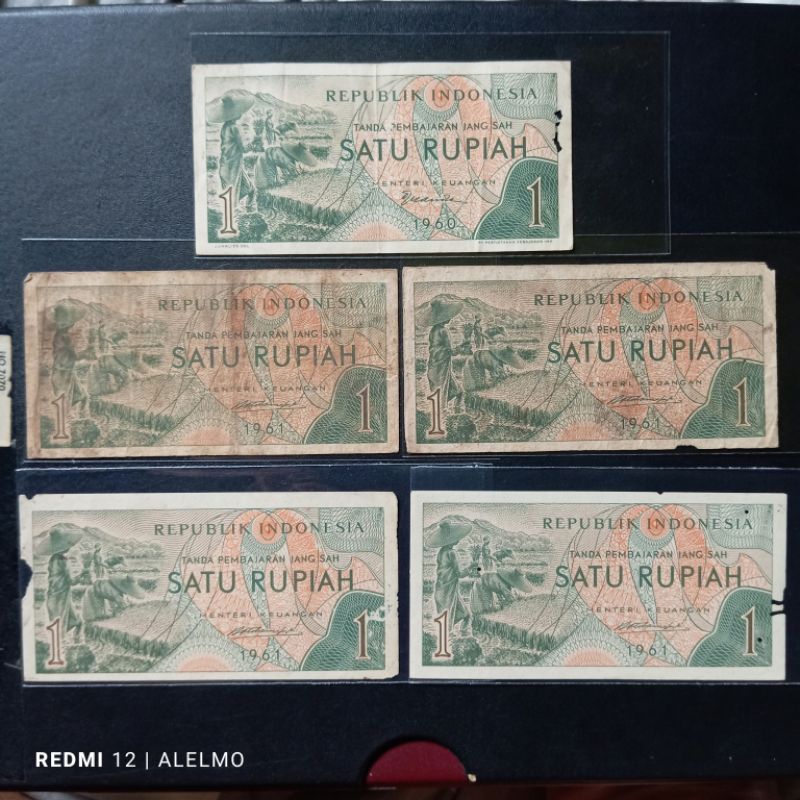 5 lembar uang kertas 1 rupiah bekas jelek