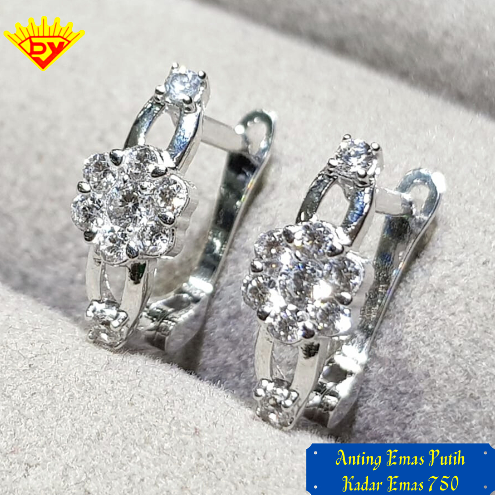 Anting Jepit Emas Putih Permata Zirconia Baru Kadar Emas 750