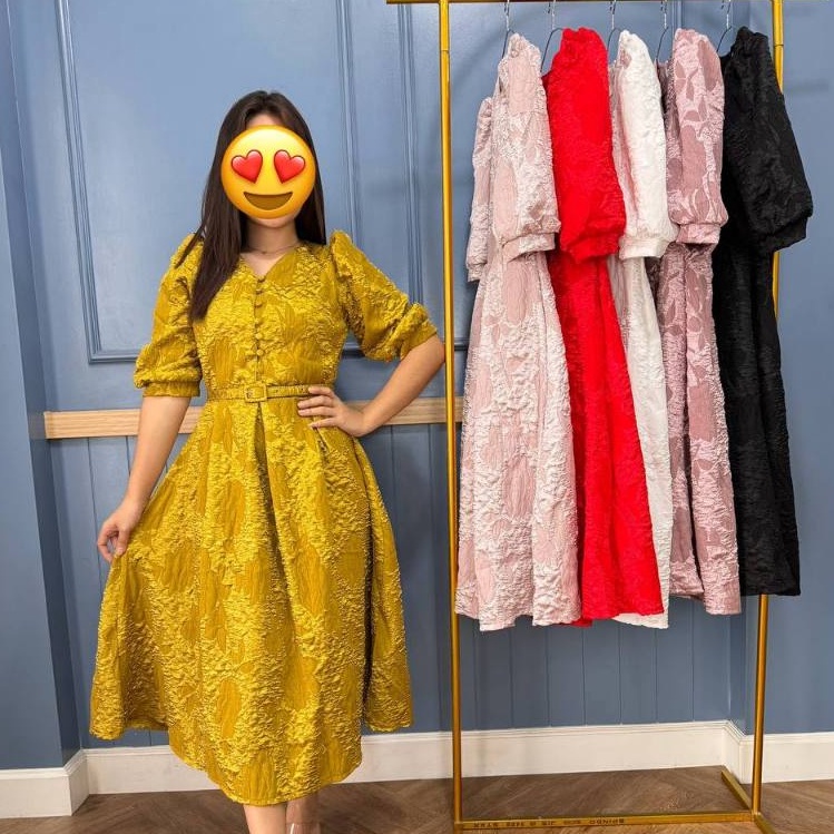 Termurah EmmaButik E28 Gaun Midi Jacquard Casual Formal Dress Mewah Elegan Dress Pesta Gereja Wanita