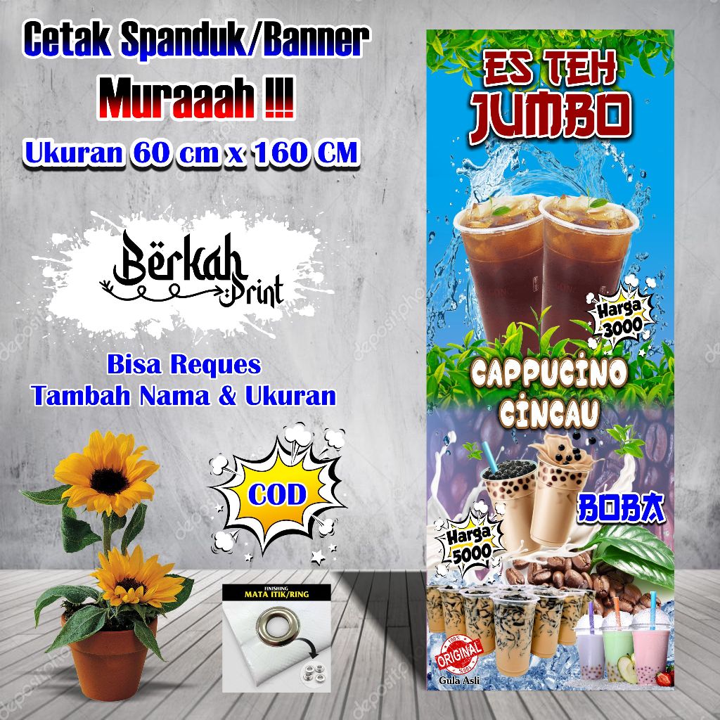 Spanduk Banner Es Teh Jumbo & Cappucino Cincau Ukuran 60 cm x 160 cm