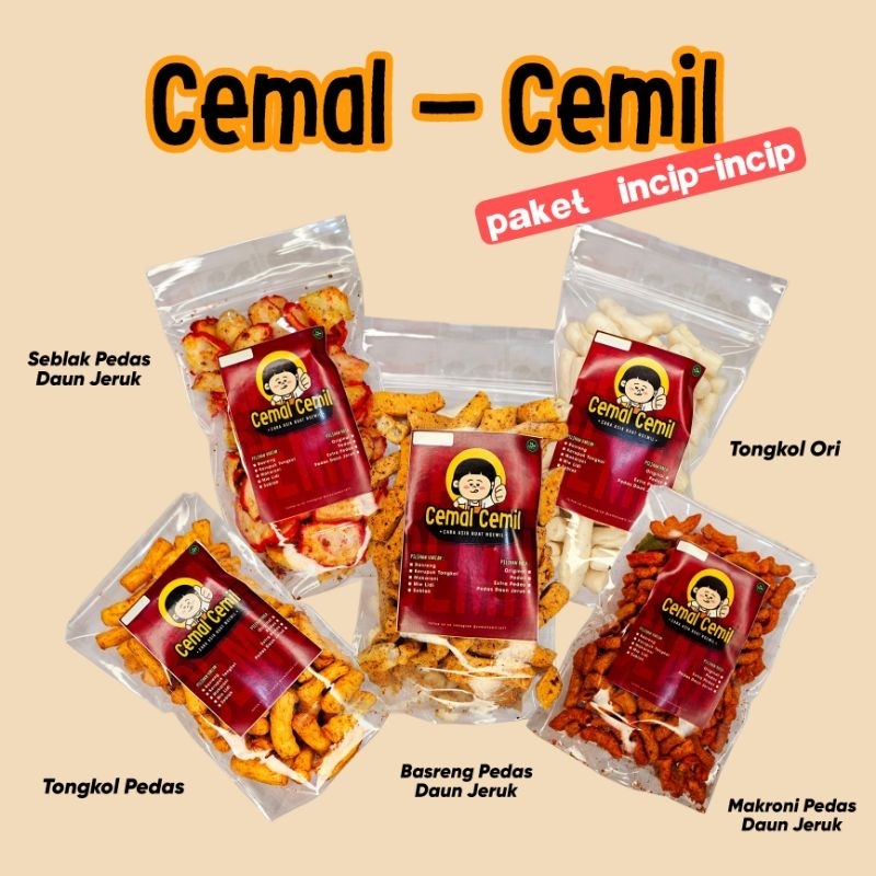 

CEMAL - CEMIL - PAKET INCIP PEDASAN | Makroni + Basreng + Seblak Pedas Daun Jeruk + Krupuk Tongkol pedas + ori