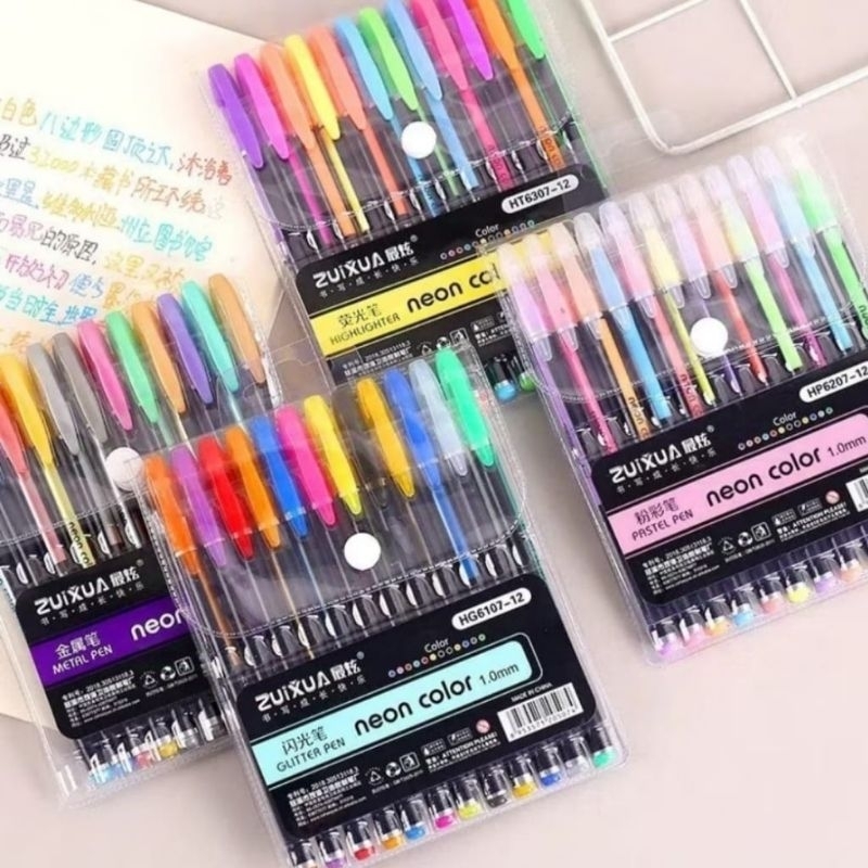 

12 WARNA GEL PEN GLITTER WARNA WARNI NEON COLOR ZUIXUA 1.0MM PASTEL PEN HIGHLIGHTER PEN GLITTER