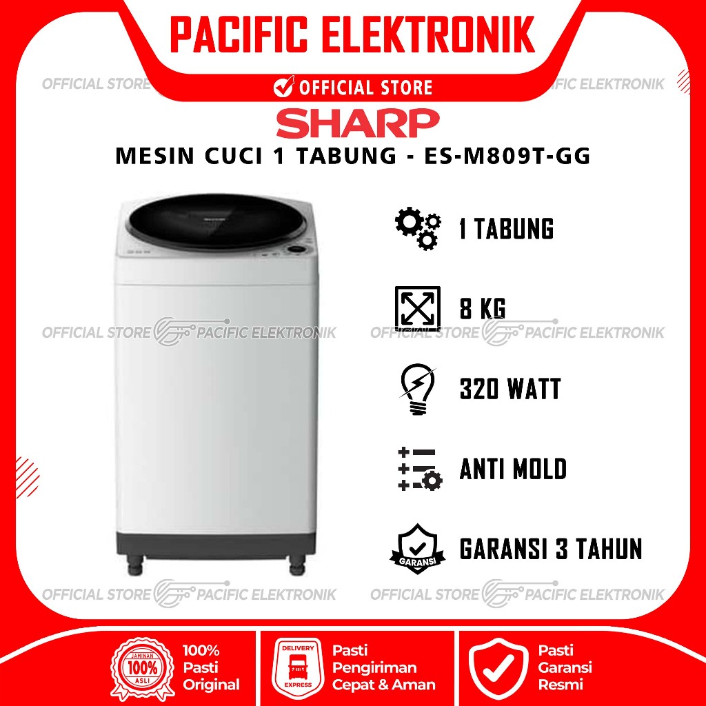 Mesin Cuci Sharp 1 Tabung 8kg ES-M809T-GG / 809TGG