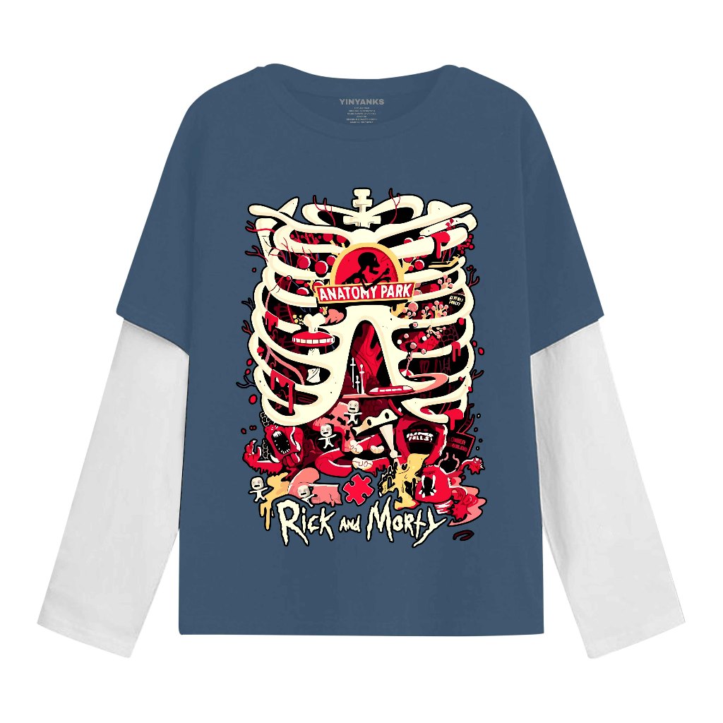 Yinyanks T-shirt Double layer Rick and morty kaos long sleeve pria wanita unisex