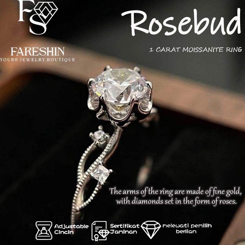 Cincin moissanite Rosebud Moissanite cincin tunangan 1.0 Carat Sterling Silver 925 Fareshin