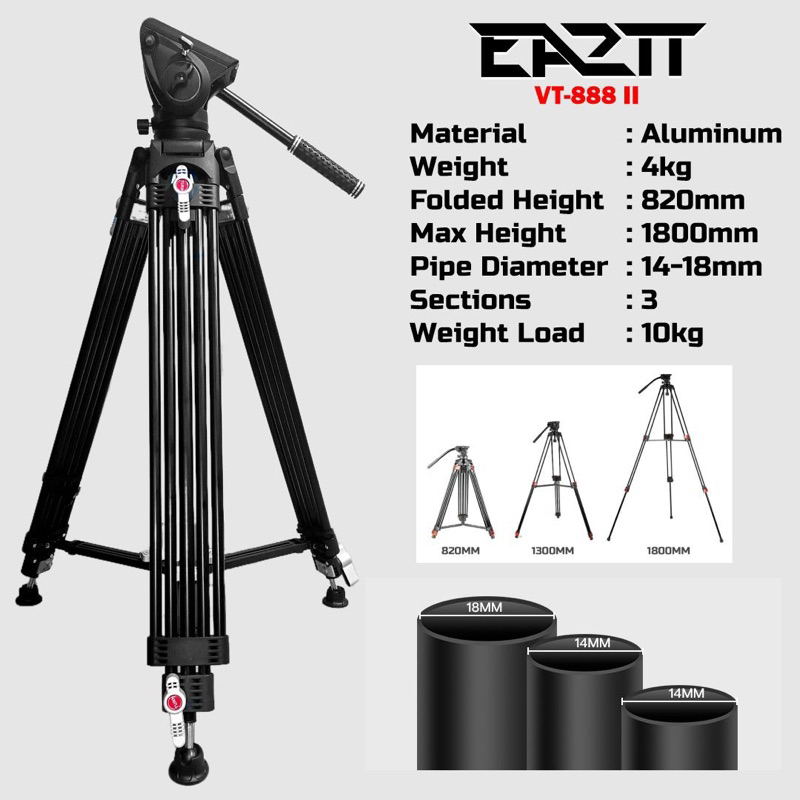 EA2TT VT-888II / VT888 II Professional Heavy Duty Camcorder Camera Tripod