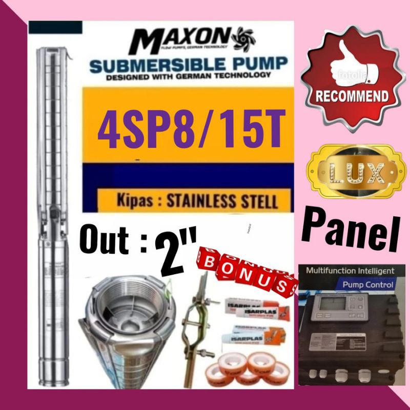Pompa satelit STAINLESS 4inch MAXON 3HP 3Phase 380v 4SP8/15T 8M³/jam PLUS Control Box submersibel 4s