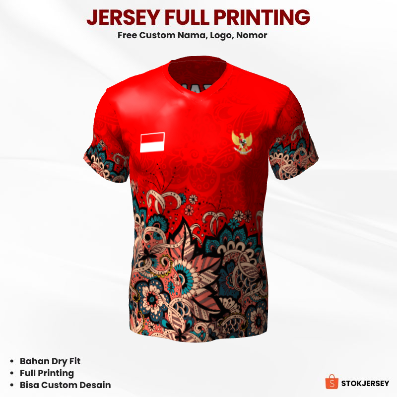 Jersey Futsal Merah Motif Batik 225 - Jersey Olahraga Full Printing Bisa Custom