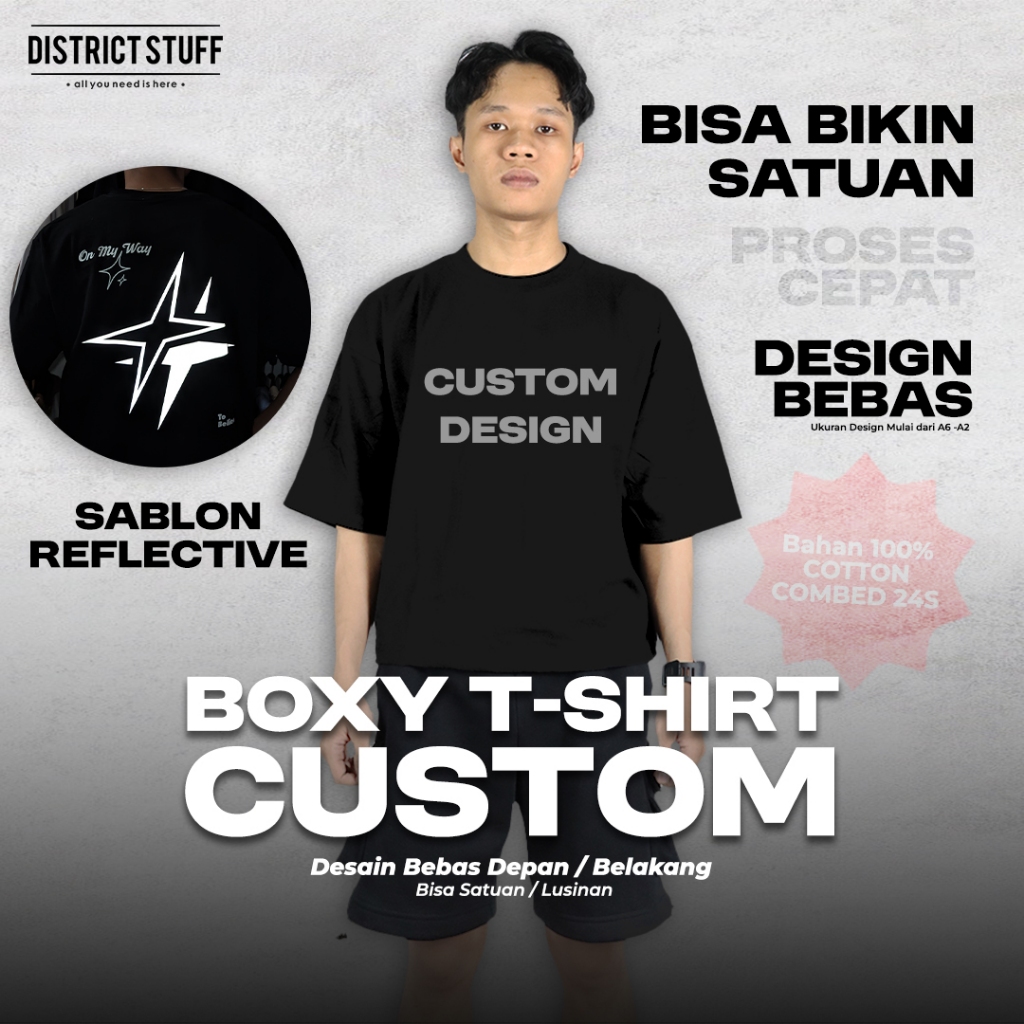 Kaos Boxy Custom Sablon Reflective Silver Menyala Dalam Gelap Satuan Unisex