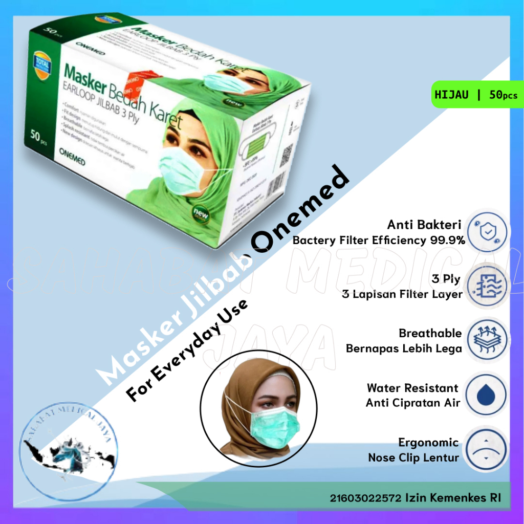 ONEMED - Masker Jilbab 3 Ply | Surgical Headloop Mask | Masker Hijab - Hijau