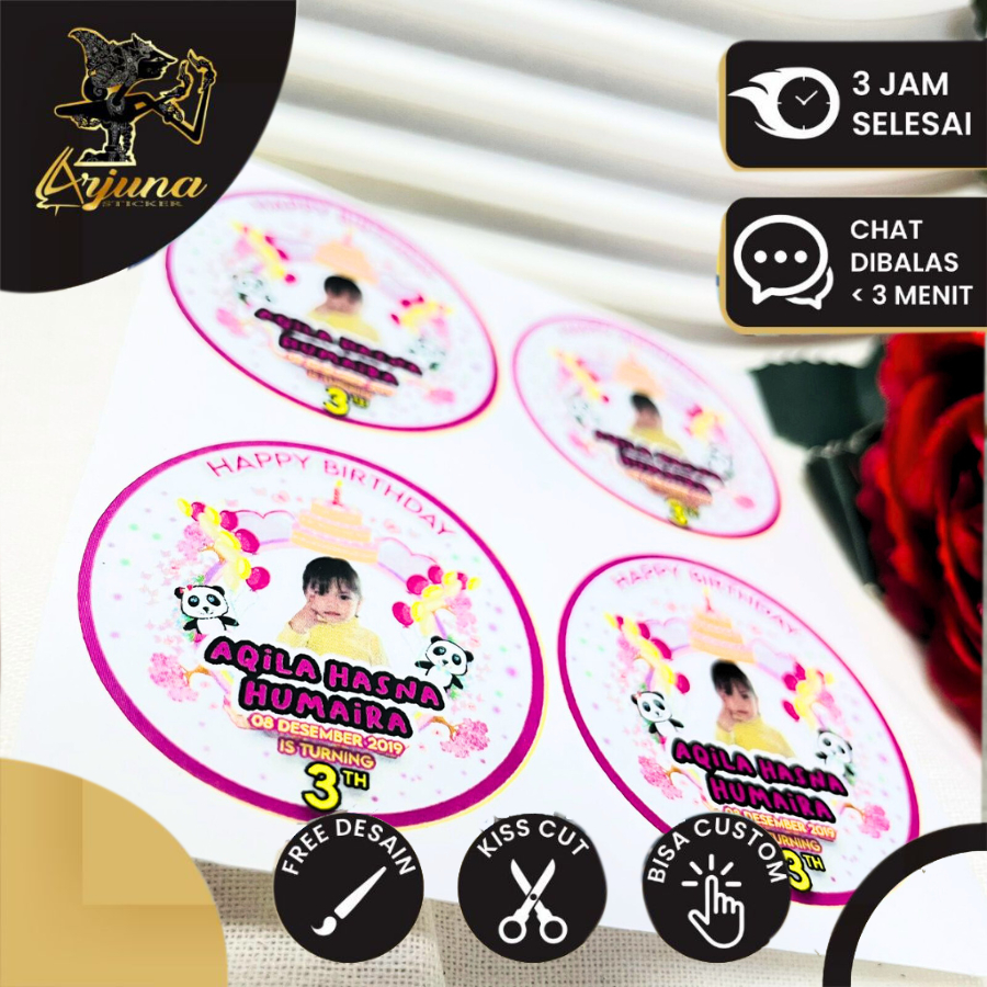 

2-4 Vinyl Stiker Ulang Tahun Sticker Label Undang Happy Birthday Uk.Kecil Arjuna Free Design