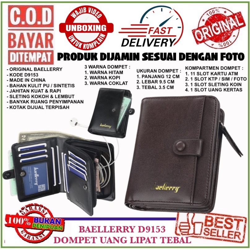 C.O.D Baellerry D9153 Dompet Lipat Tebal Pria Wanita Muat Banyak Cash Dengan Zipper Bahan PU Keren