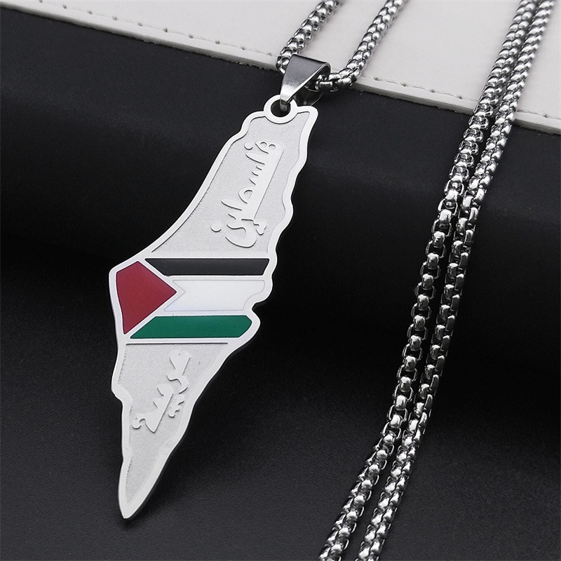 Kalung Peta & Bendera Palestina Silver / Palestine Map National Flag Necklace for Women Men Stainles