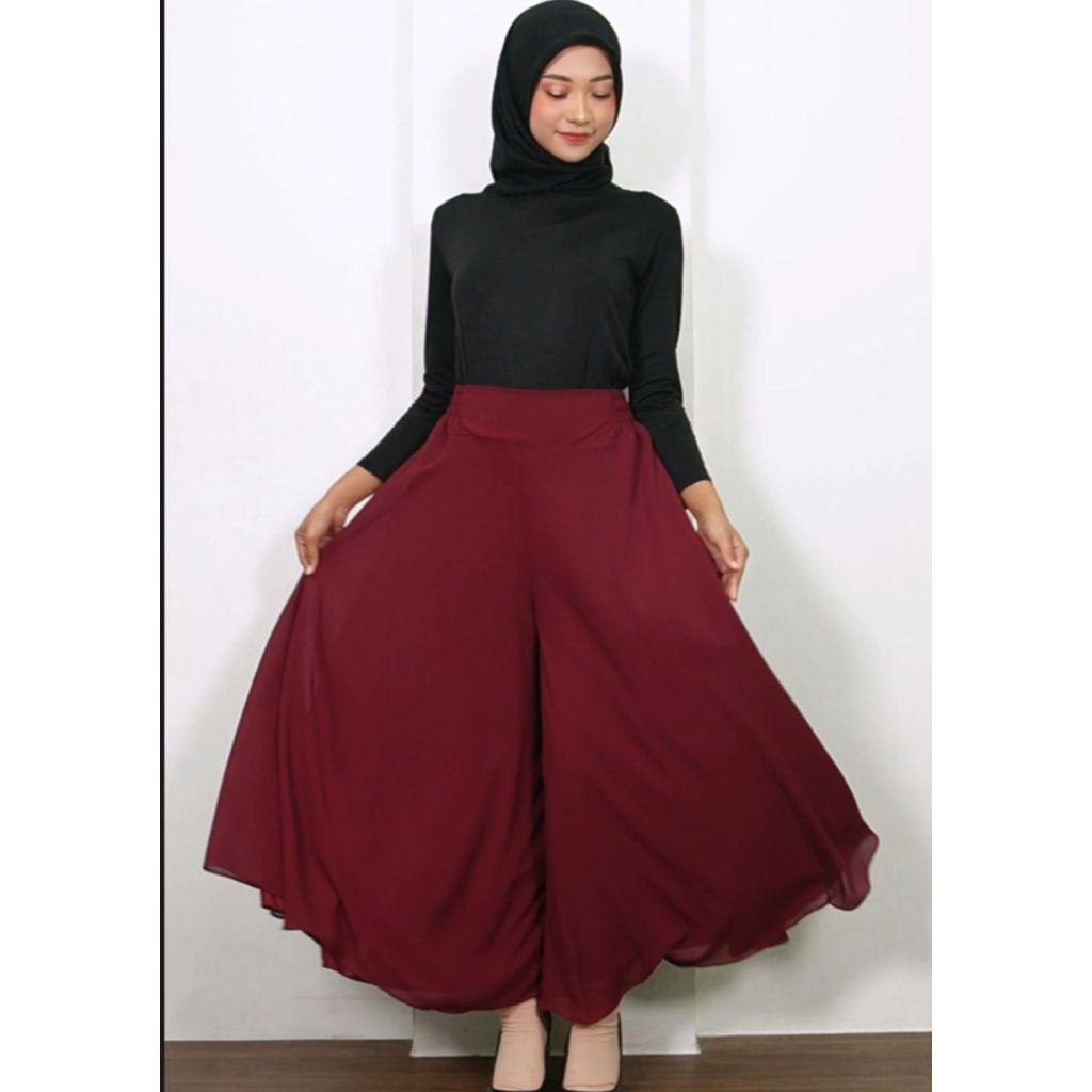 Celana Kulot Panjang Payung Lebar Wanita Muslimah Polos Palazzo Sifon Chiffon Ceruty Pants