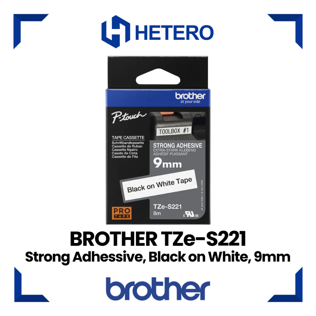 

BROTHER Color Tape TZE-S221 Strong Adhessive, Black on White, 9mm