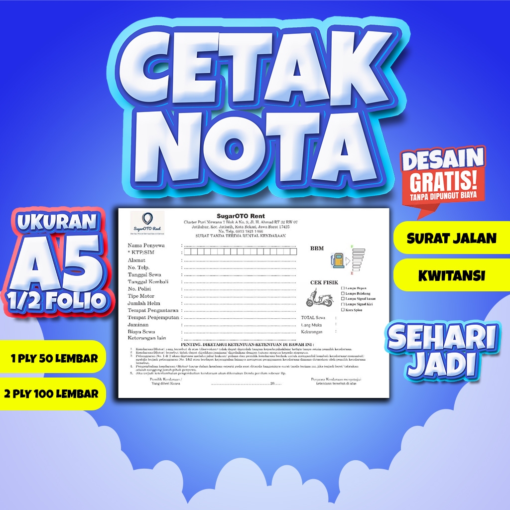 

CETAK NOTA RENTAL MOBIL 1 BUKU ISI 100 LEMBAR 2 PLY