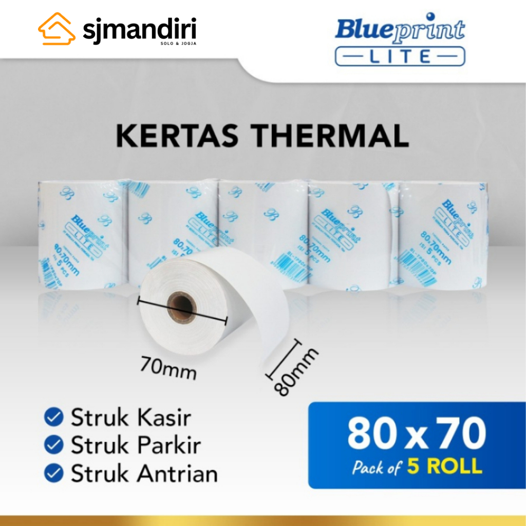 

Paket isi 5 Paper Thermal 80mm Blueprint Lite Kertas Struk 80x70 Faktur Nota Tiket Antrian Karcis Parkir PPOB