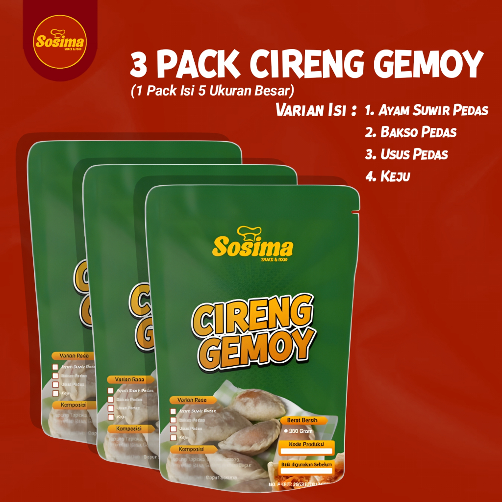

3 PACK CIRENG GEMOY ISI AYAM SUWIR PEDAS / BAKSO PEDAS / USUS PEDAS / KEJU Ala Sosima Snack & Food