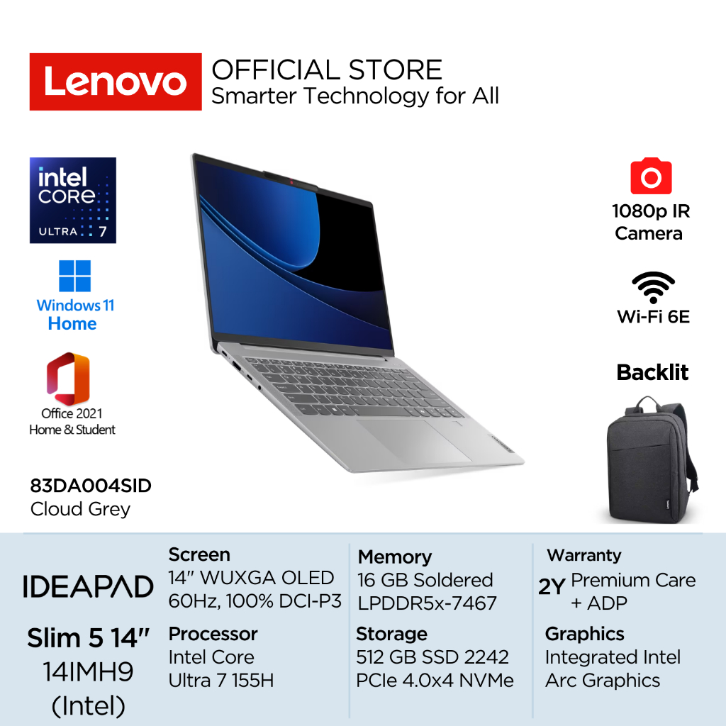 Lenovo IdeaPad Slim 5i 14IMH9 Intel Core Ultra 7 155H Win11 16GB 512GB SSD 14" WUXGA OLED 60Hz 100% 